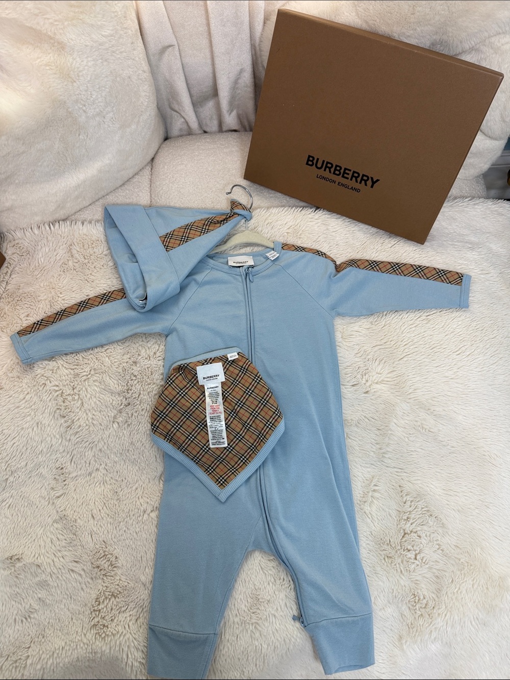 Burberry Light Blue Baby Jumpsuit with Vintage Check Trim